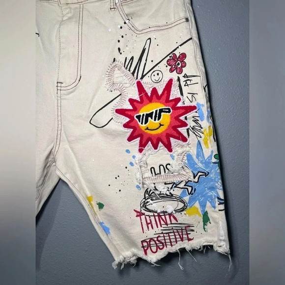 First Row Men Denim Shorts Sz 38 Hand Painted Distressed Boro Stitch 10” Inseam - Picture 2 of 10